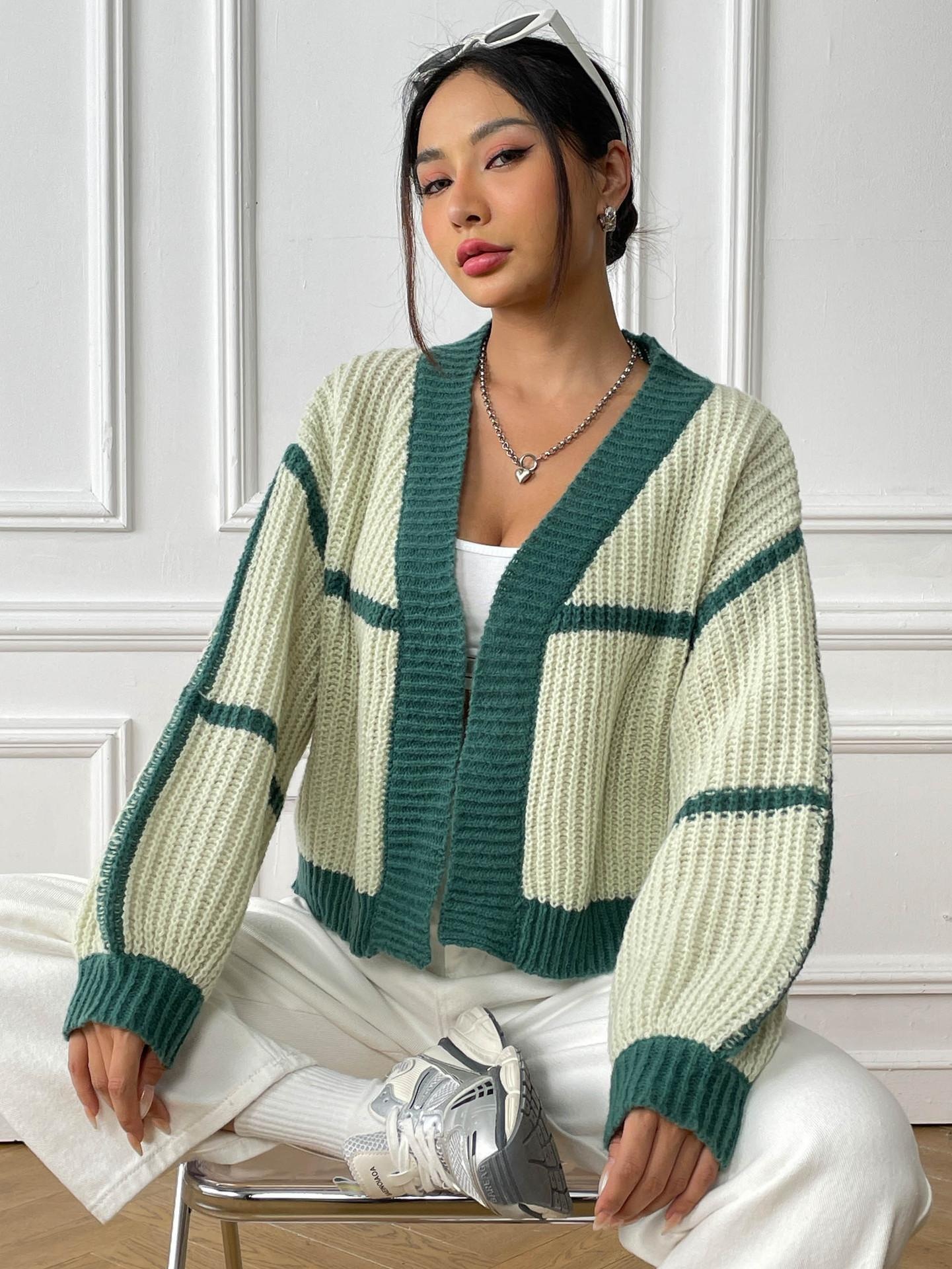 Women's Color-Block Cardigan Short Loose Lantern-Sleeve Sweater