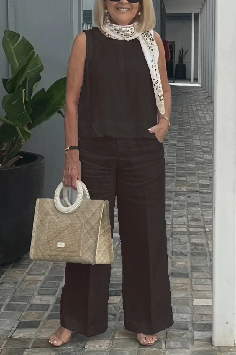 Women's Sleeveless Cotton-Linen Solid Color Pant Set Casual Two-Piece Outfit