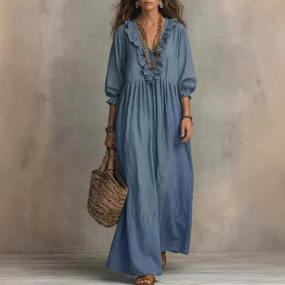 Striped Ruffle High-Waist V-Neck Loose Midi Dress