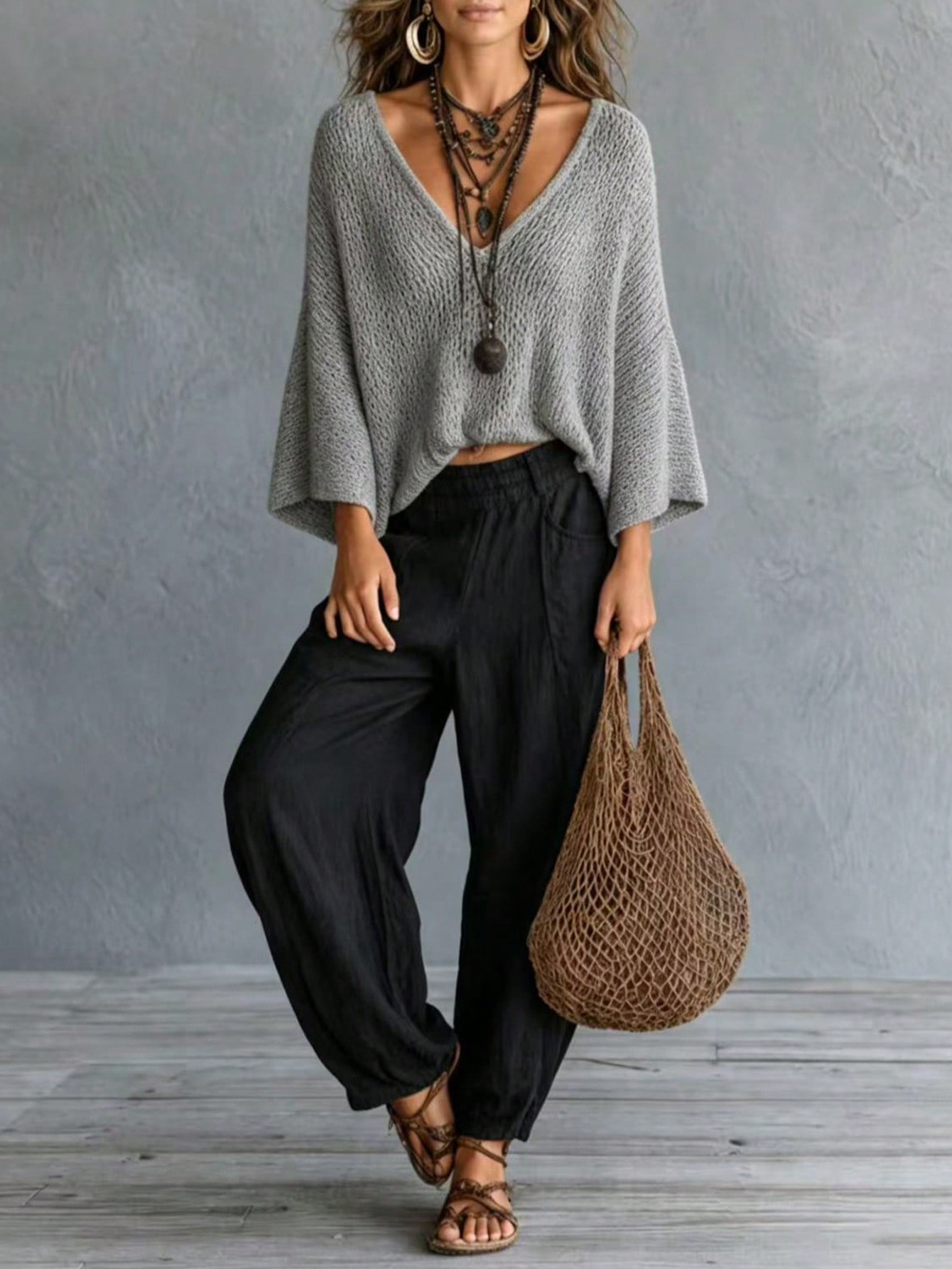 Women's Retro Open-Knit V-Neck Dolman Sleeve Pullover Sweater