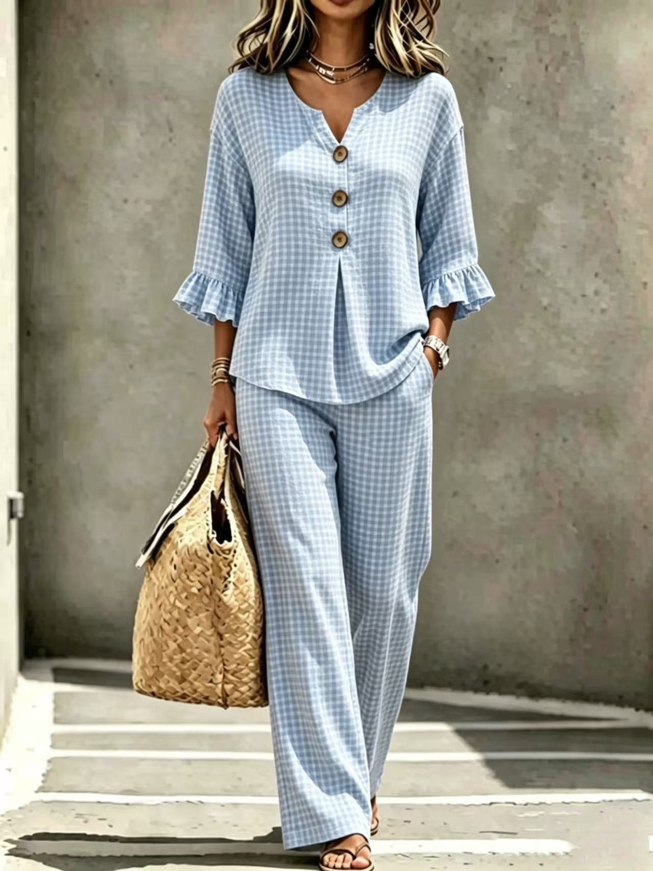 Women's Plaid V-Neck Ruffle Button Top & Pants Set