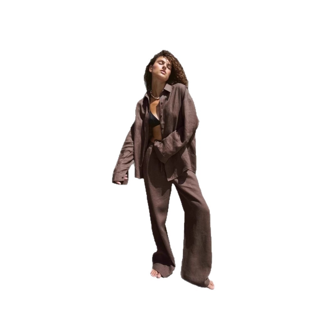 Women's Loose Long Sleeve Shirt and Pants Set Solid Color Casual