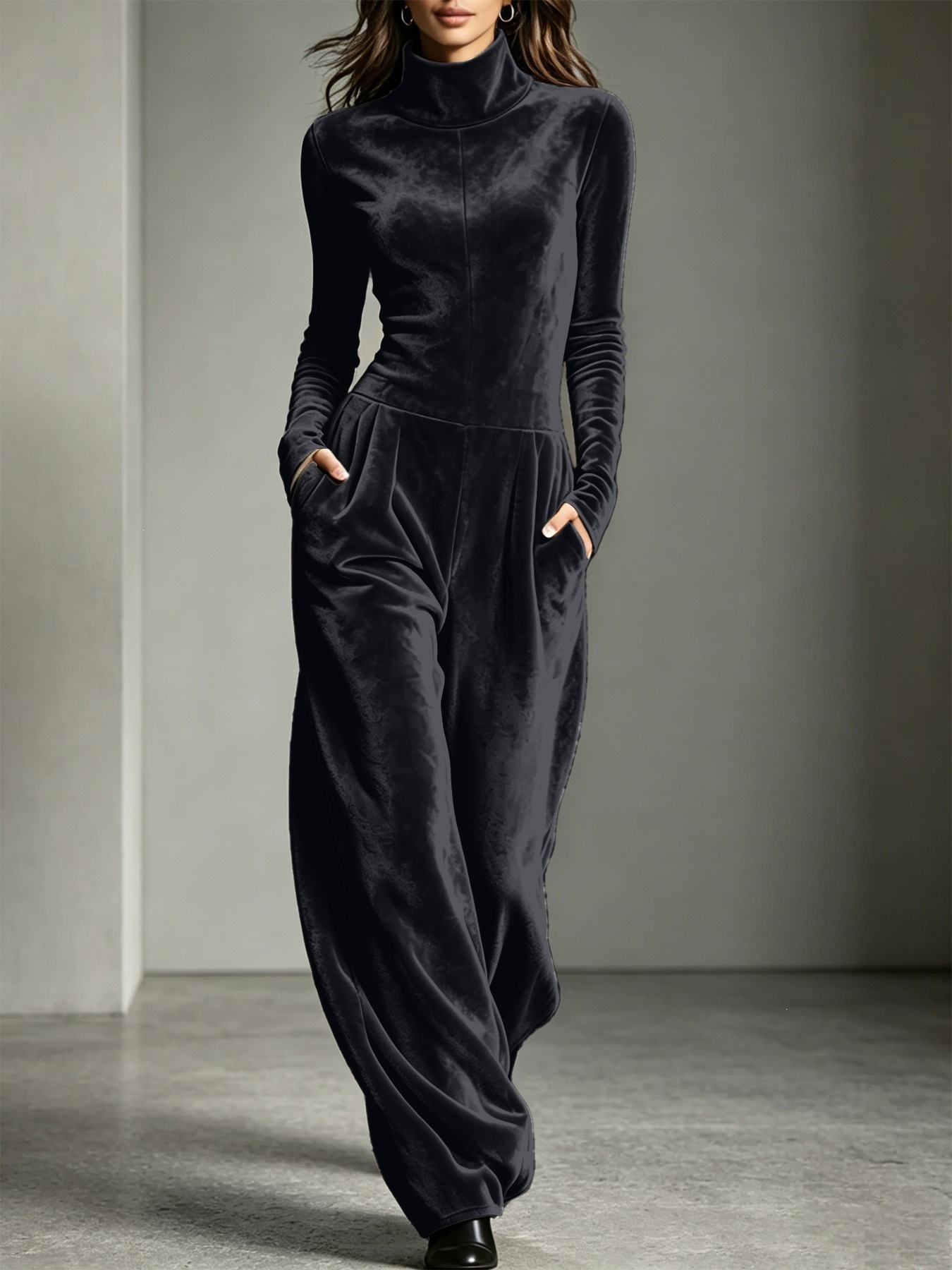 Women's Turtleneck Solid Color Korean Velvet Long Sleeve Jumpsuit