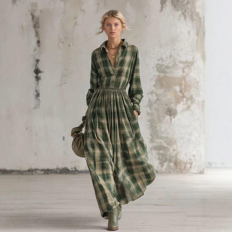 Retro Plaid Long Sleeve High-Waist Maxi Dress with Pockets