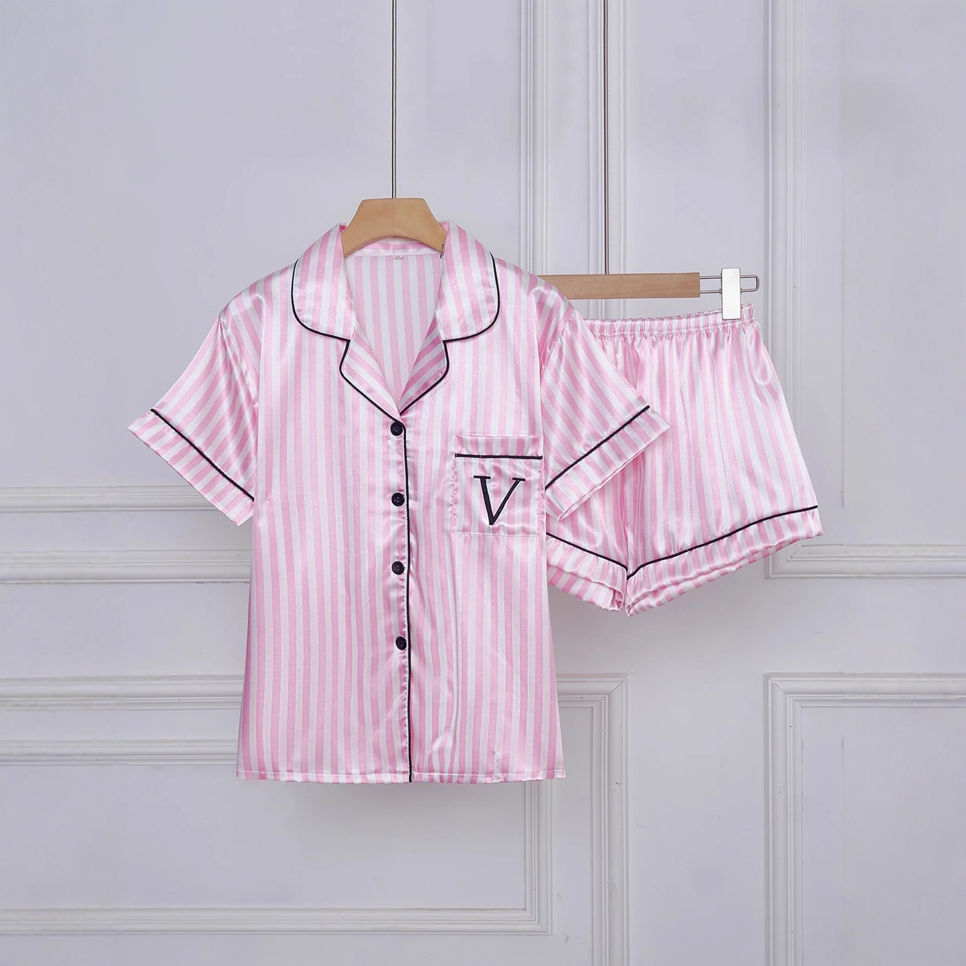 Women's Cuban Collar Striped Letter Short Sleeve Shirt Set
