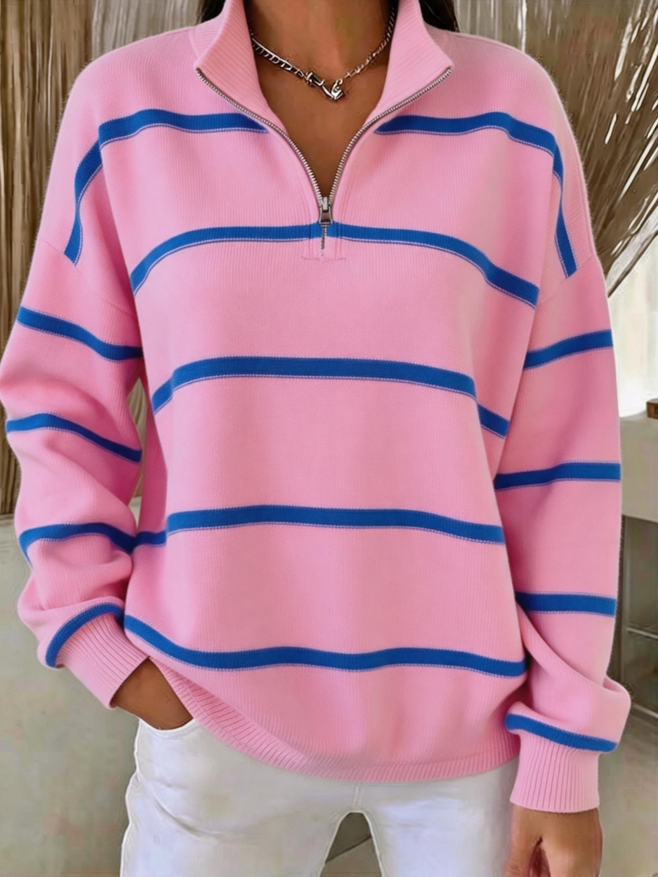 Striped Print Half-Zip Stand Collar Hoodie