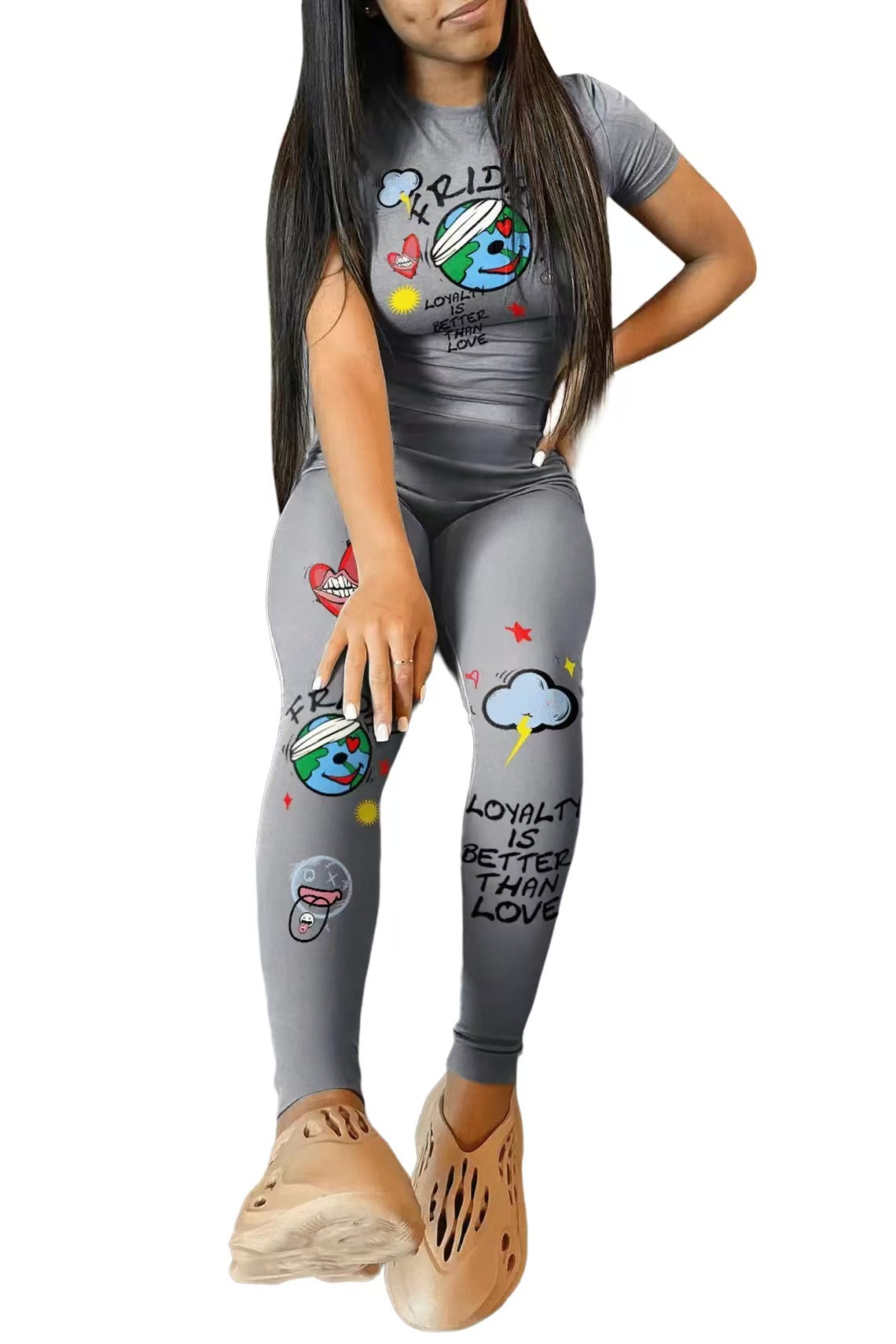 Women's Graphic Print Slim Fit Long Pants Set