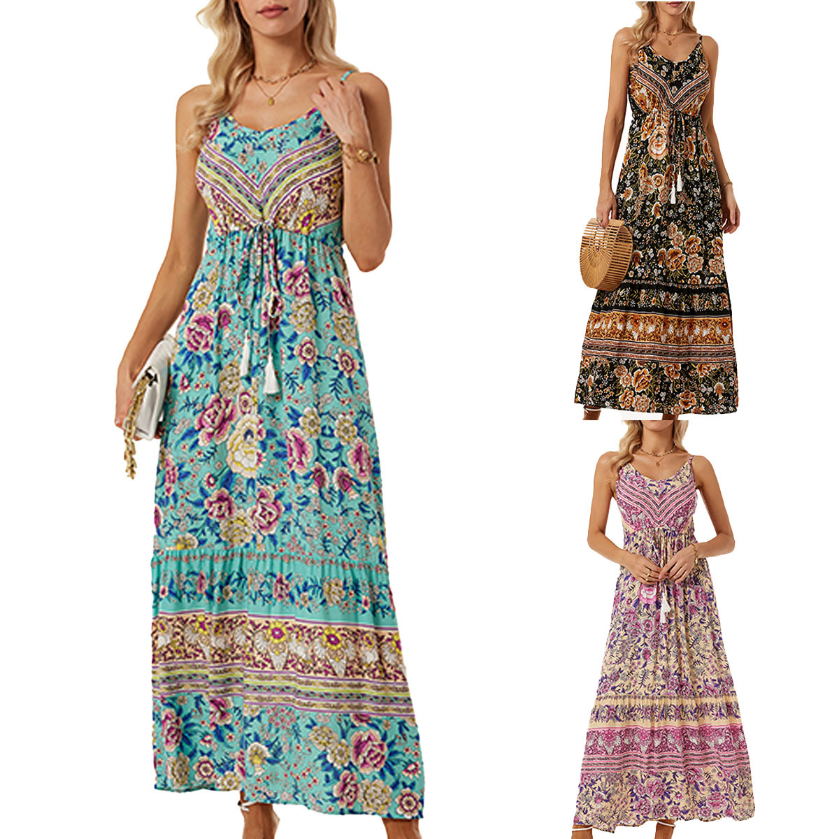 Bohemian Floral Print Sleeveless V-Neck Maxi Dress with Tassels