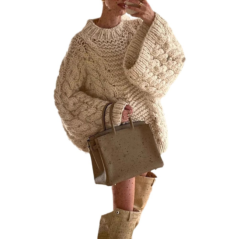 Women's Loose Crewneck Wide-Sleeve Knit Sweater Solid Color