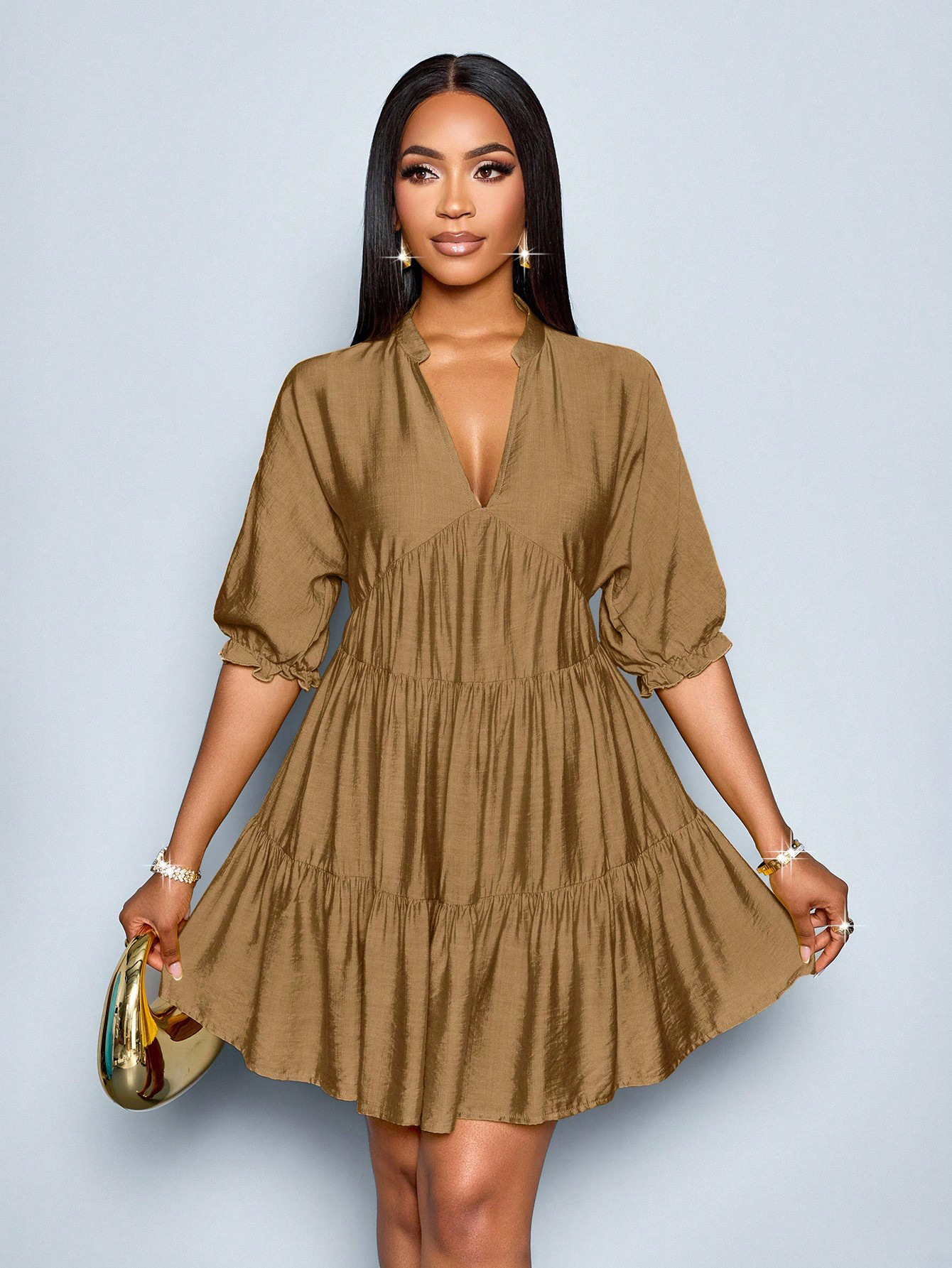 Half-Open Deep V-Neck Bubble Sleeve Pleated Short Dress