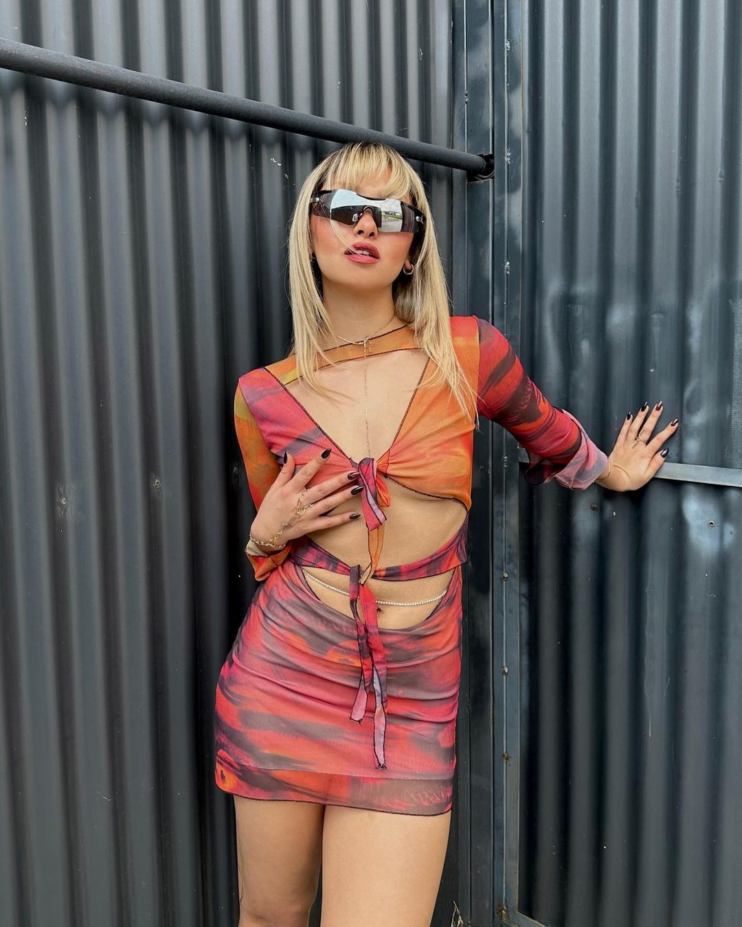 Printed Long-Sleeve Bodycon Tie Y2K Dress