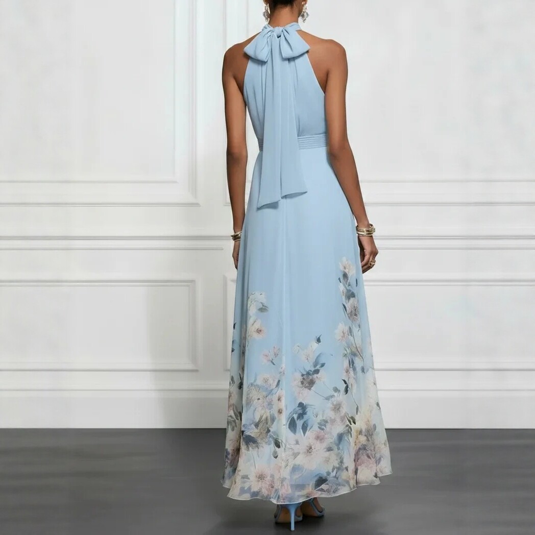 Elegant Halter Floral Print Long Dress with Bow Waist