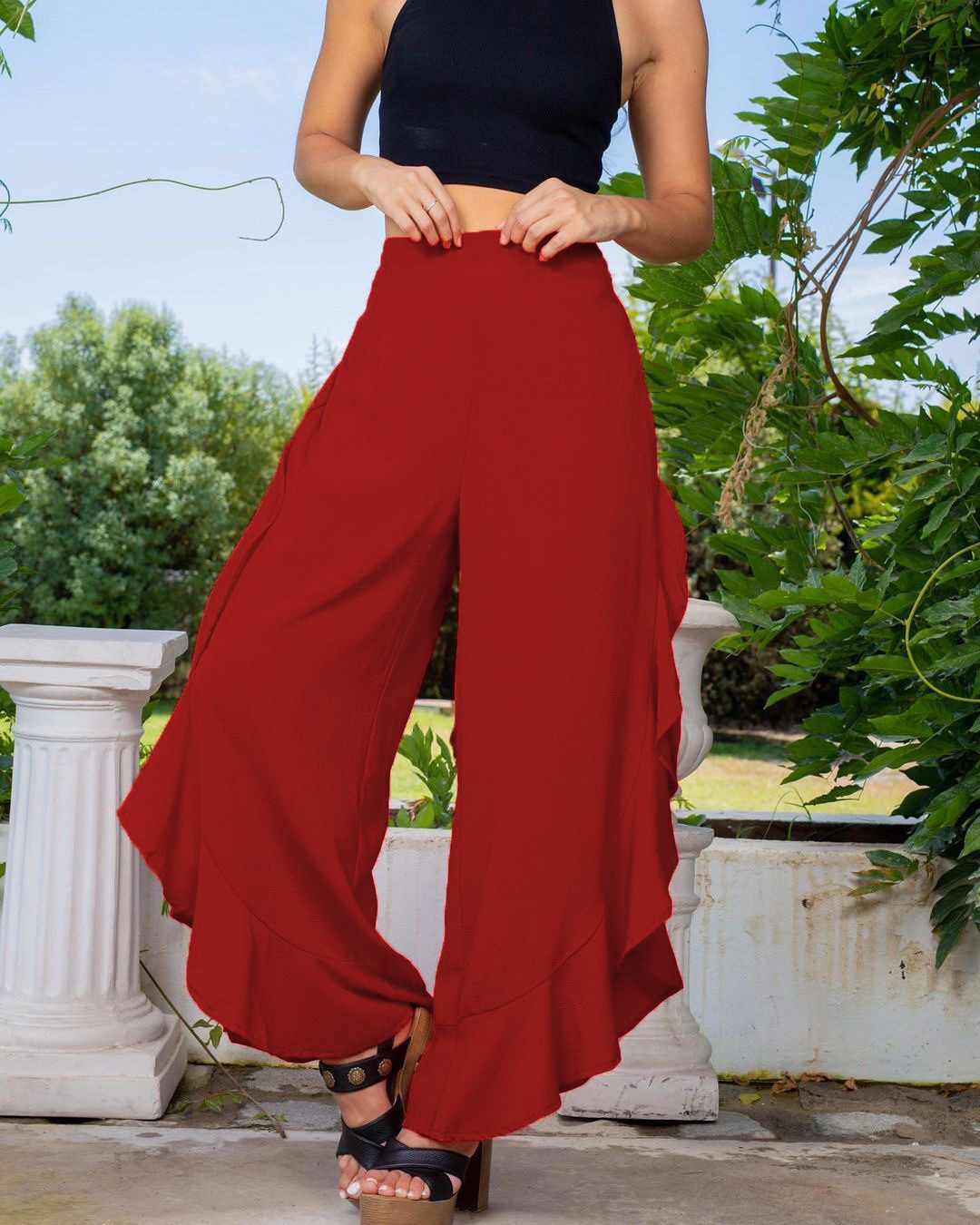Solid Ruffle Wide-Leg Elastic Waist Casual Pants for Women