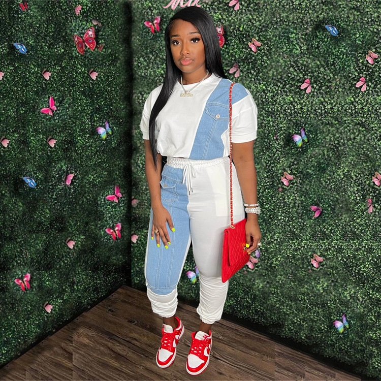 Women's Colorblock Hoodie & Denim Pants Two-Piece Set