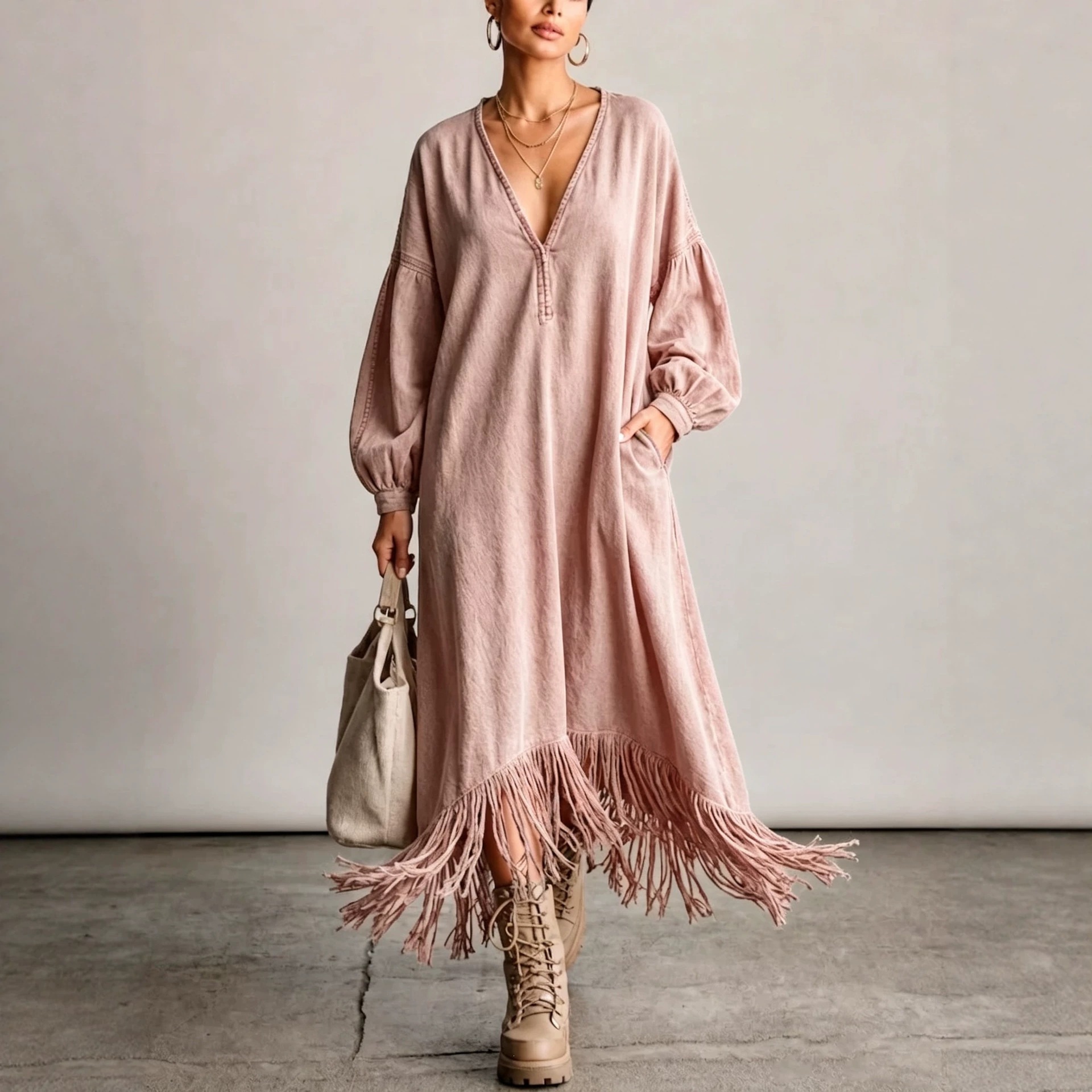 Distressed Washed V-Neck Lantern Sleeve Fringe Maxi Dress with Pockets