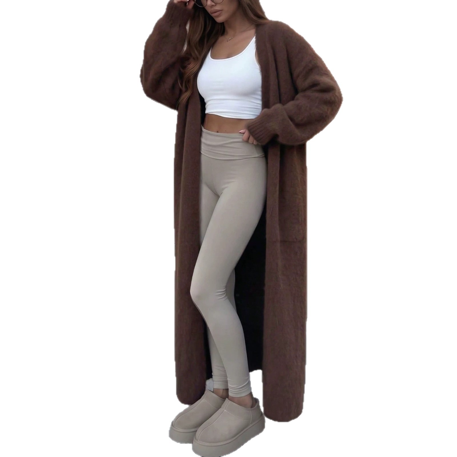 Dark Brown Long Knit Cardigan Women's Slouchy Oversized Open Front Sweater Coat