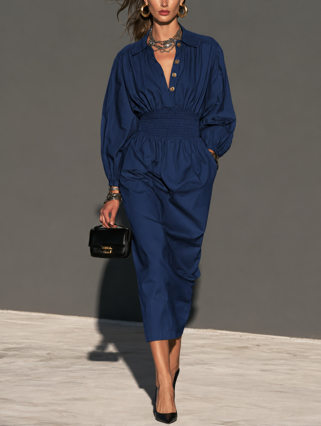Collared Button Waist-Cinched A-Line Midi Dress