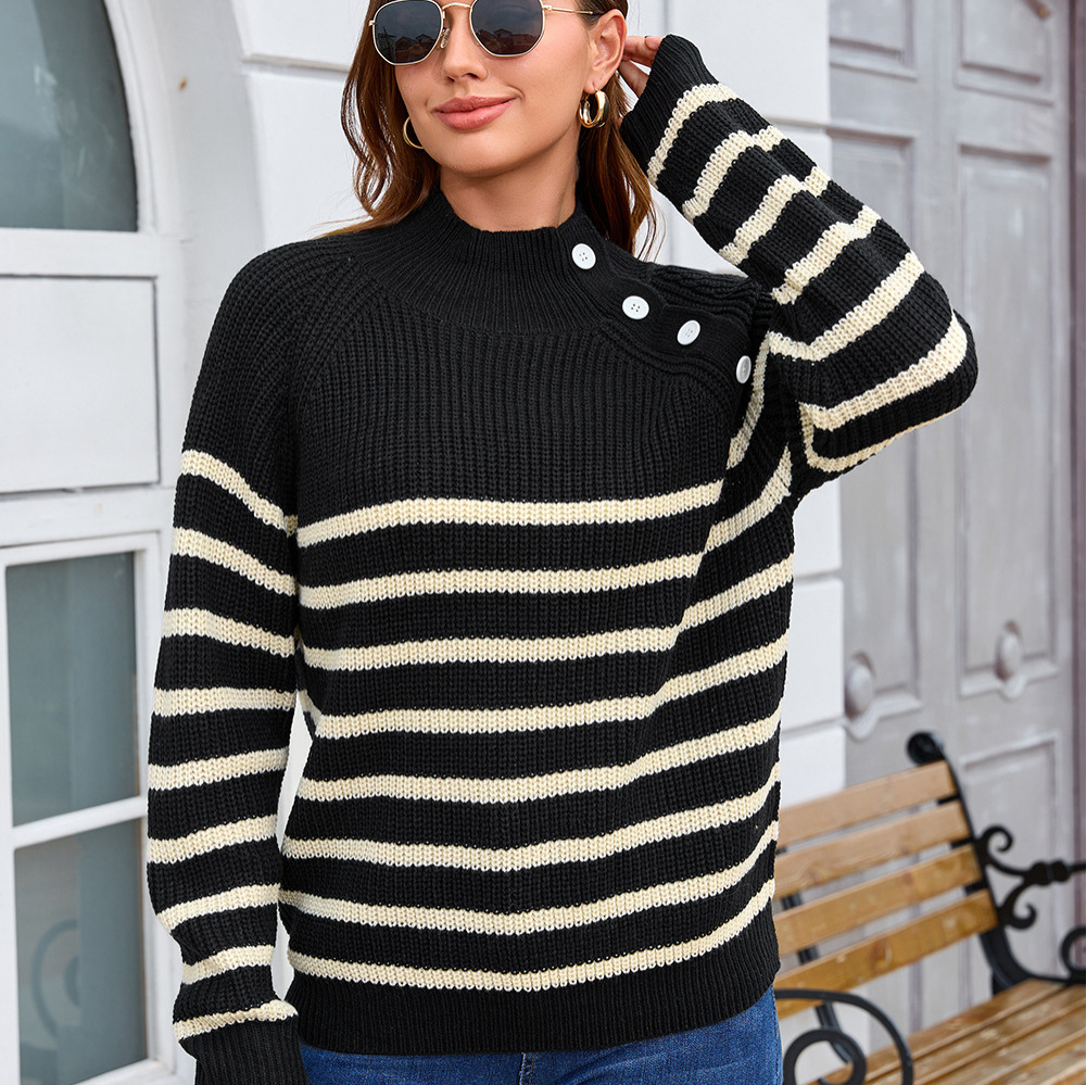 Striped Knit Pullover Sweater with Stand Collar Long Sleeve Loose Fit