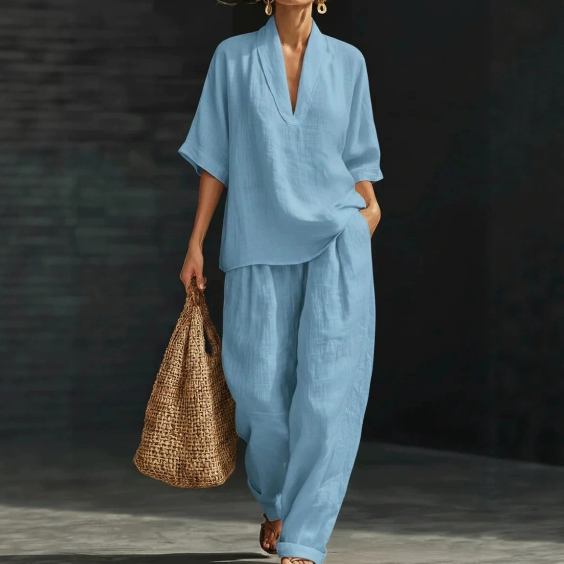 V-Neck Short Sleeve Top and Pocket Pants Set Women's Casual Two-Piece Outfit