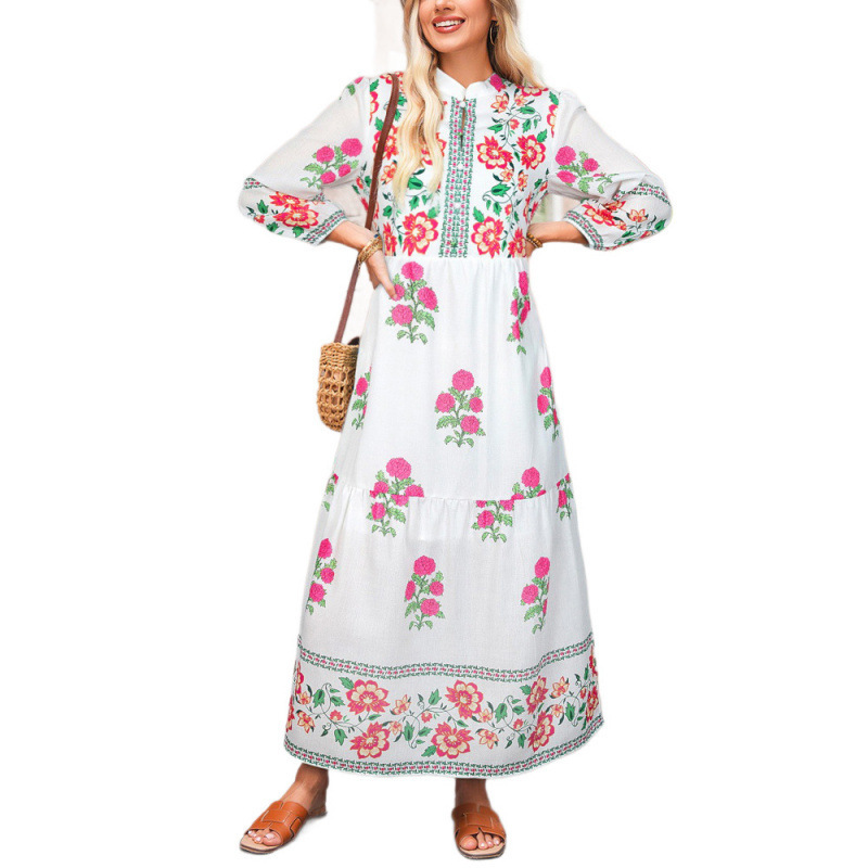 Floral Print Long Sleeve A-Line Dress with Stand Collar