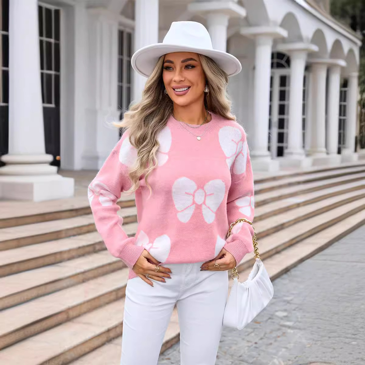 Women's Plus Size Bow Knit Sweater Loose Crewneck Pullover