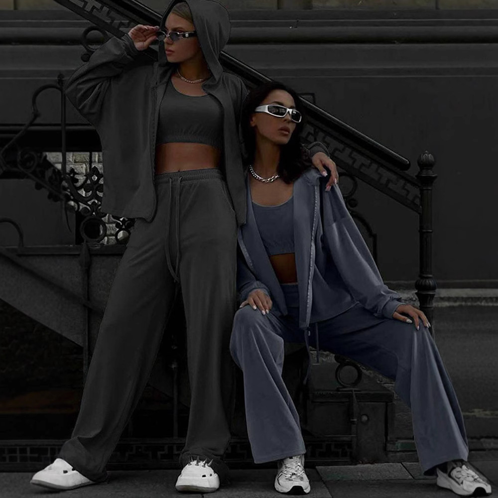 Velvet Zip Sweatshirt & Drawstring Pants Casual Set for Women