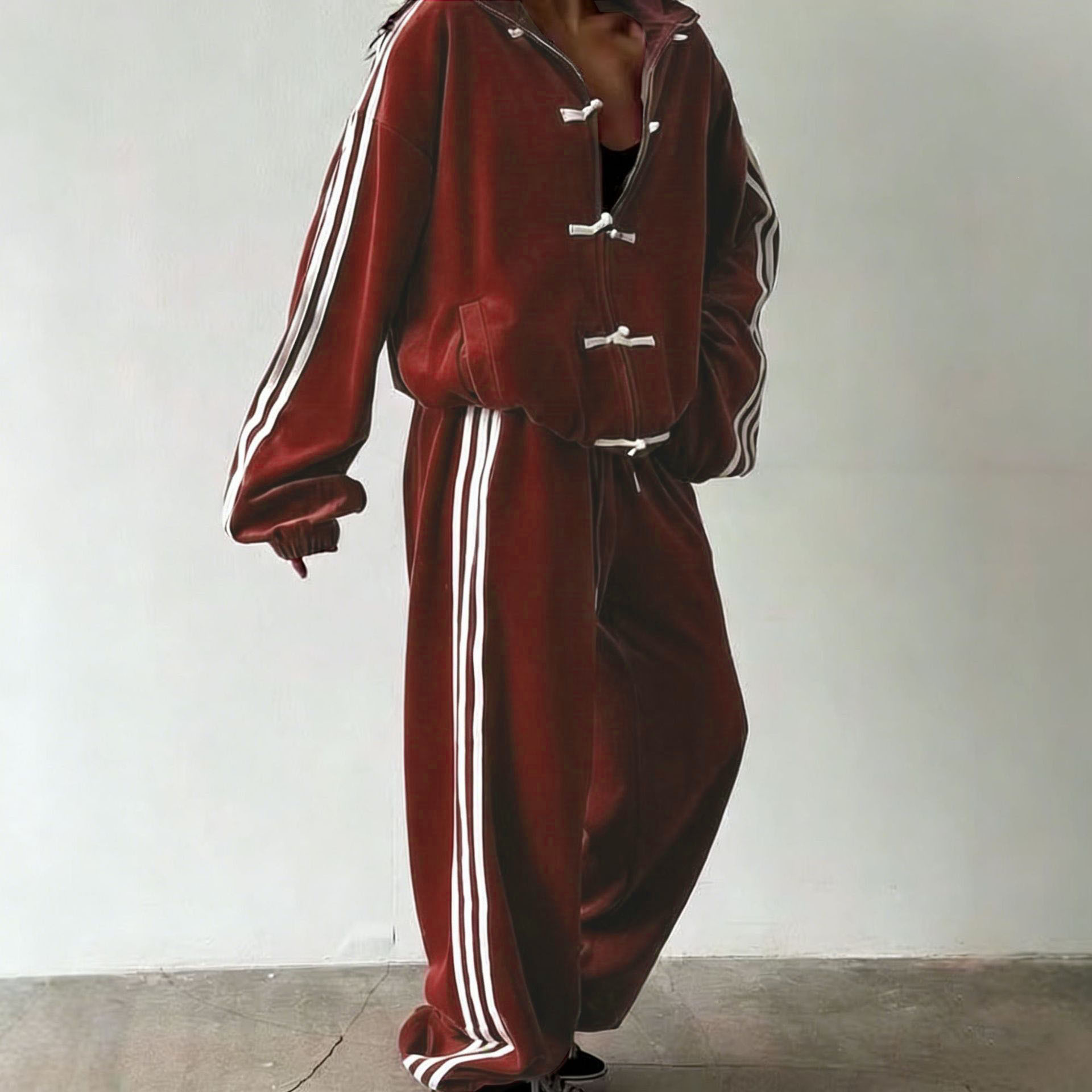 Retro Stand Collar Jacket & Wide-Leg Pants Set with Frog Buttons and Side Stripes
