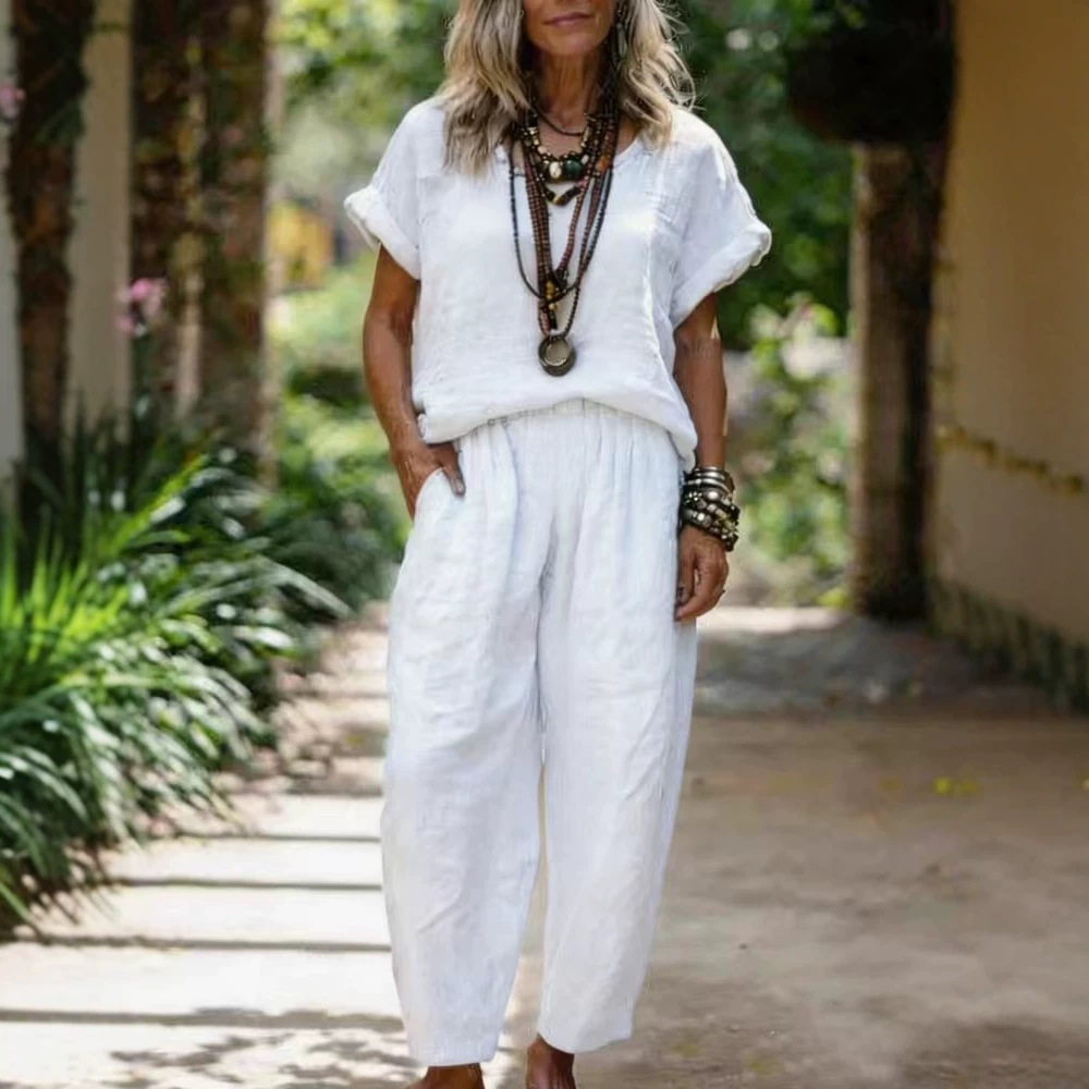 Women's Cotton-Linen Short Sleeve Crewneck Top and Straight-Leg Pants Set