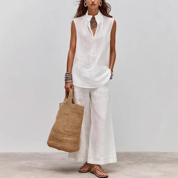 Solid Sleeveless Deep V Stand Collar Two-Piece Pants Set