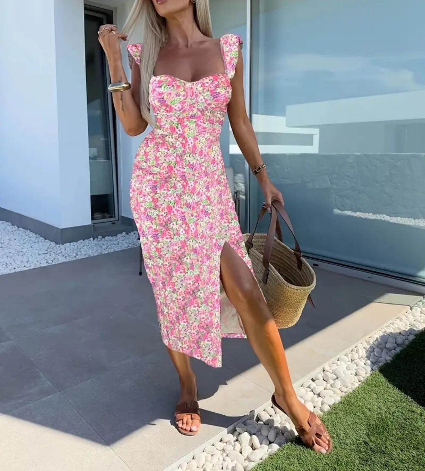 Elegant French Floral Slip Dress with Slit