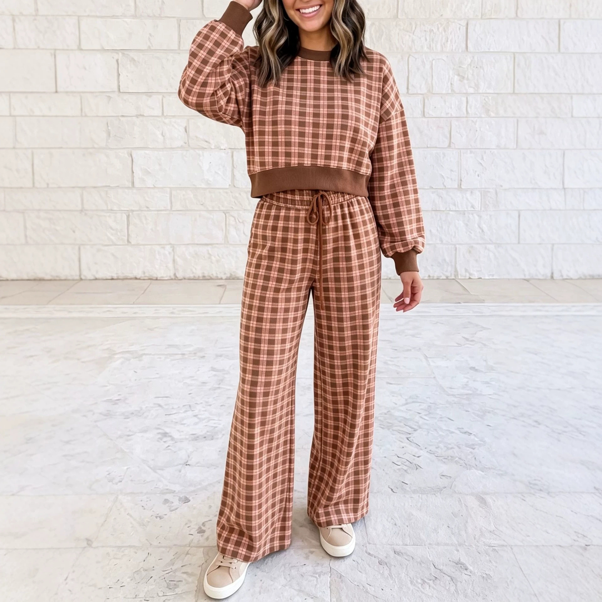 High-Waist Plaid Print Wide-Leg Two-Piece Pants Set