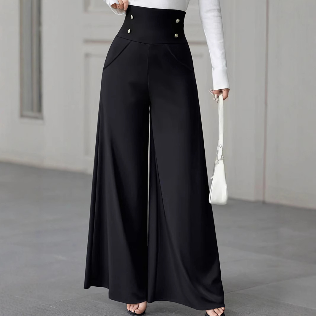 Minimalist High-Waist Tummy-Control Black Wide-Leg Pants with Pockets for Work