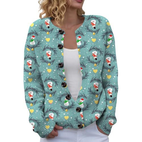 Women's Christmas Snowman Tree Print Button Cardigan