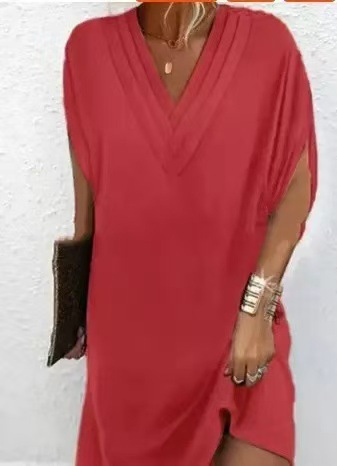Women's V-Neck Pleated Batwing Sleeve Dress
