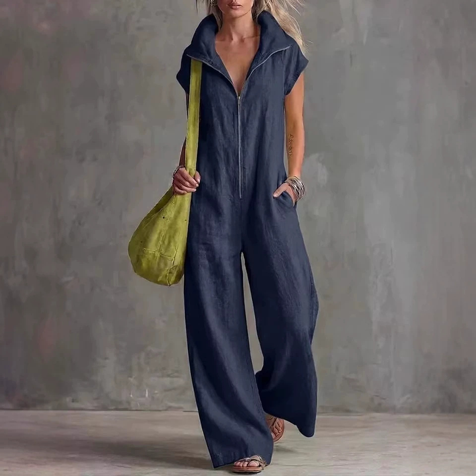 Women's Loose Linen Jumpsuit with Pockets Sleeveless Straight Leg