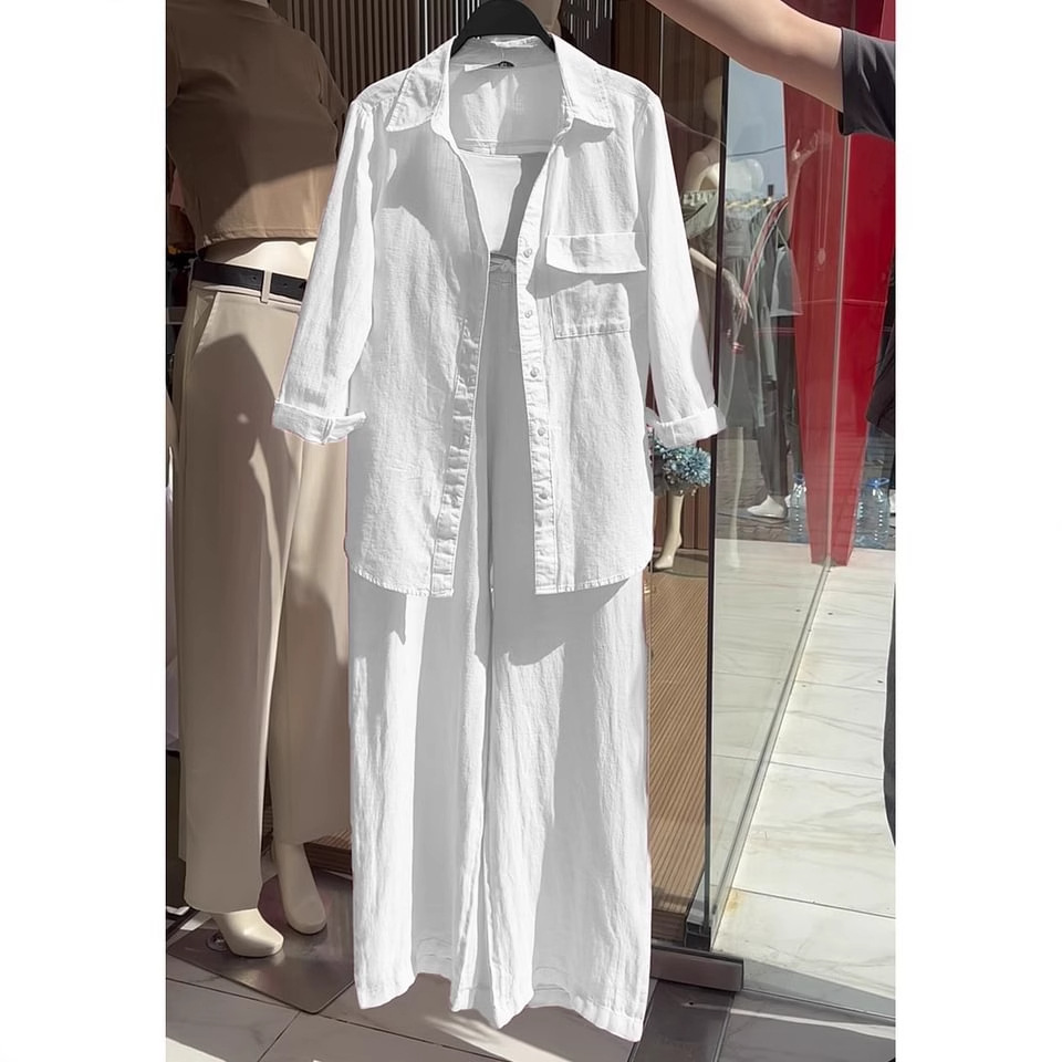 Women's 2-Piece Cotton-Linen Shirt and High-Waist Wide-Leg Pants Set
