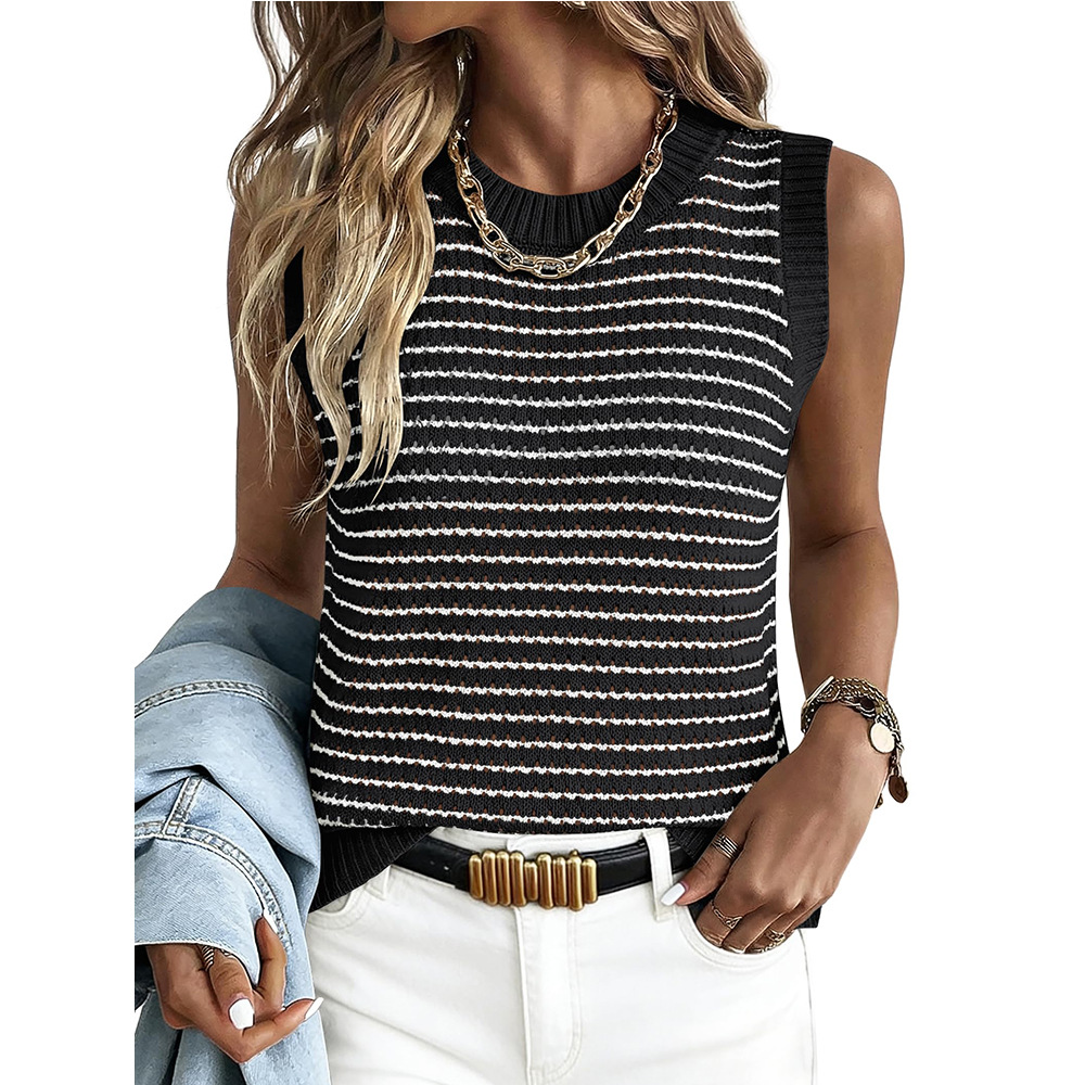 Women's Sleeveless Striped Knit Tank Top Crew Neck Hollow Out Sweater Vest