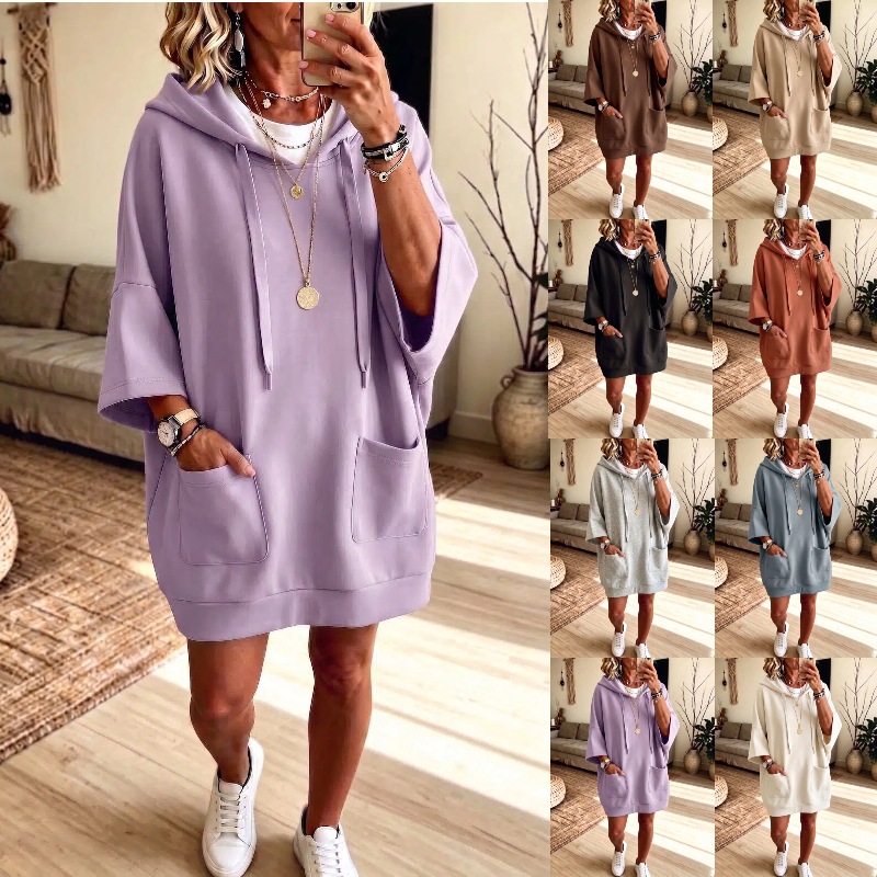 Women's Loose Hooded Drawstring Two-Pocket Sweatshirt Dress Solid Color Casual Top