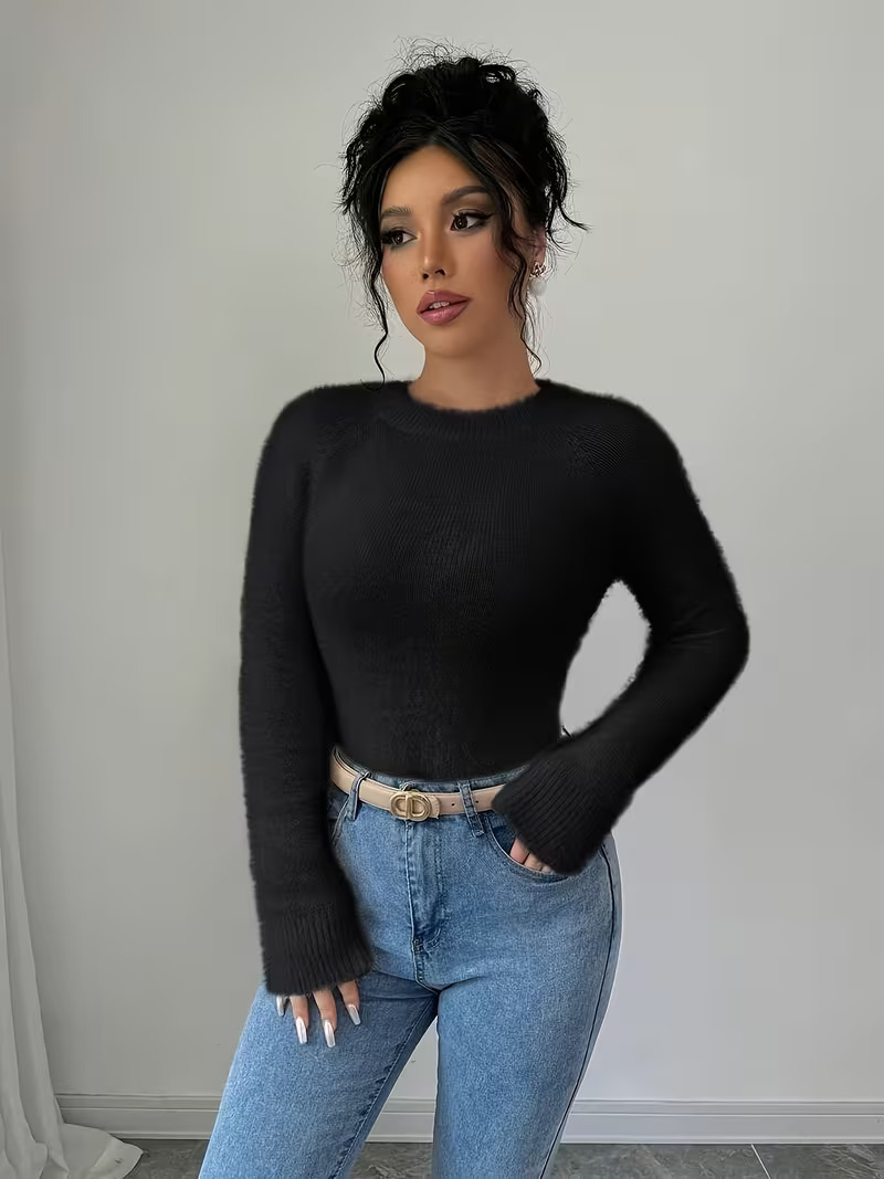 Women's V-Neck Solid Knit Sweater Soft Warm Pullover