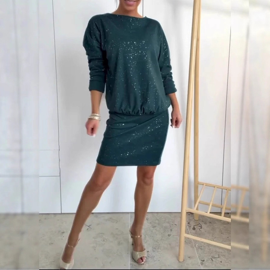 Women's Crewneck Long Sleeve Mini Dress with Gold Flecks