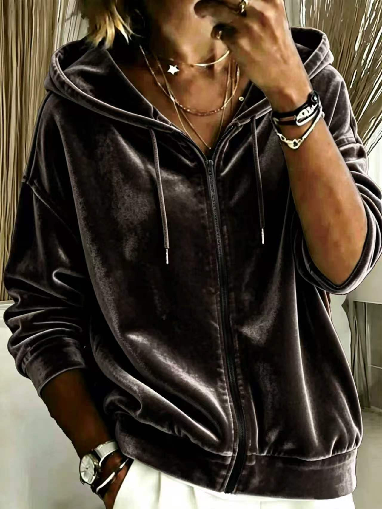 Hooded Solid Velvet Zip-Up Loose Fit Sweatshirt