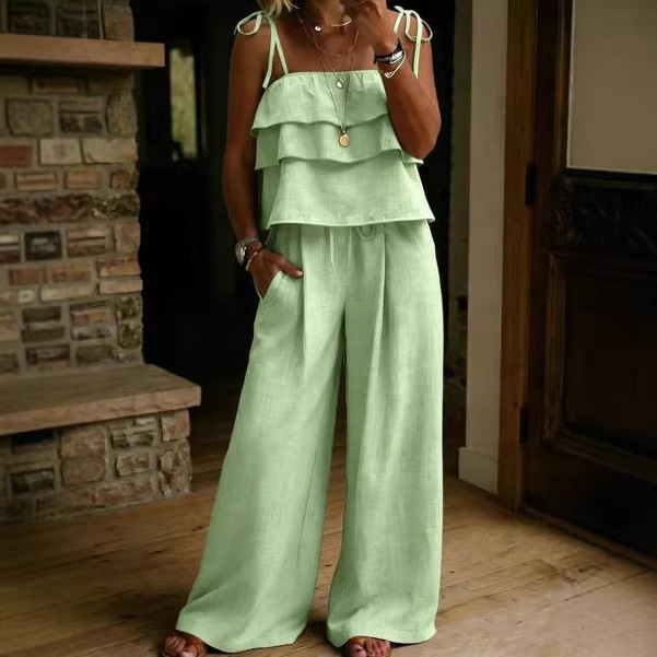 Women's Summer Linen-Blend Cami Top and Wide-Leg Pants Set Solid Color