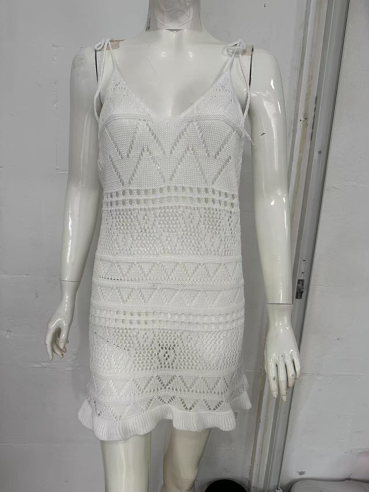 Women's Knit Cami Dress Deep V Sheer Hollow-Out Floral Hem Beach Dress