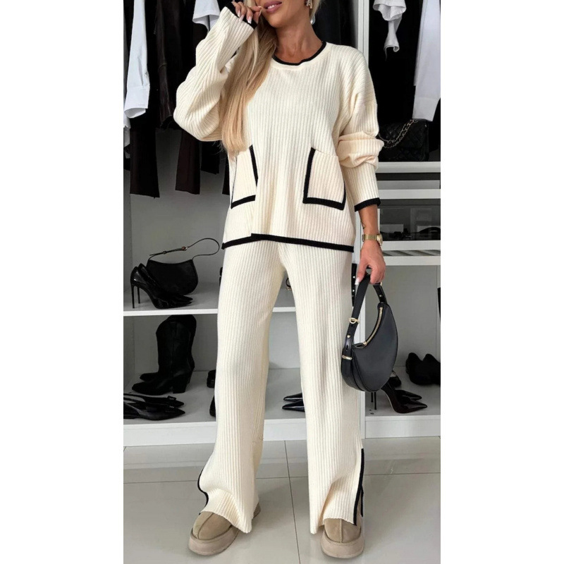 Women's Color-Block Pocket Top & Wide-Leg Pants Two-Piece Set