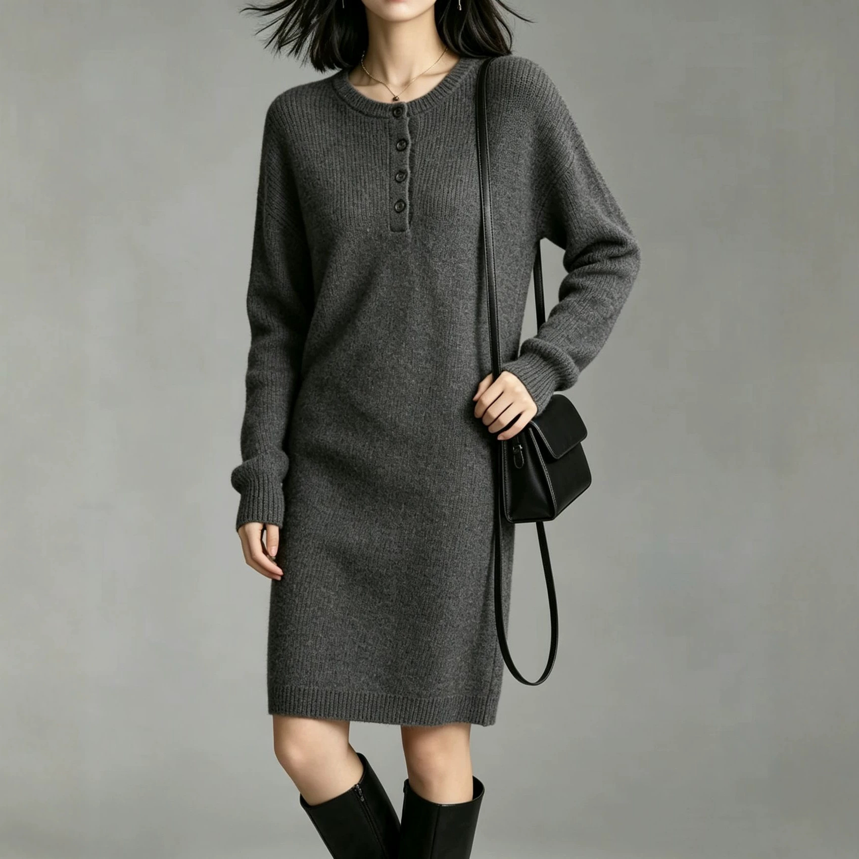 Women's Crewneck Solid Knit Midi Dress with Buttons