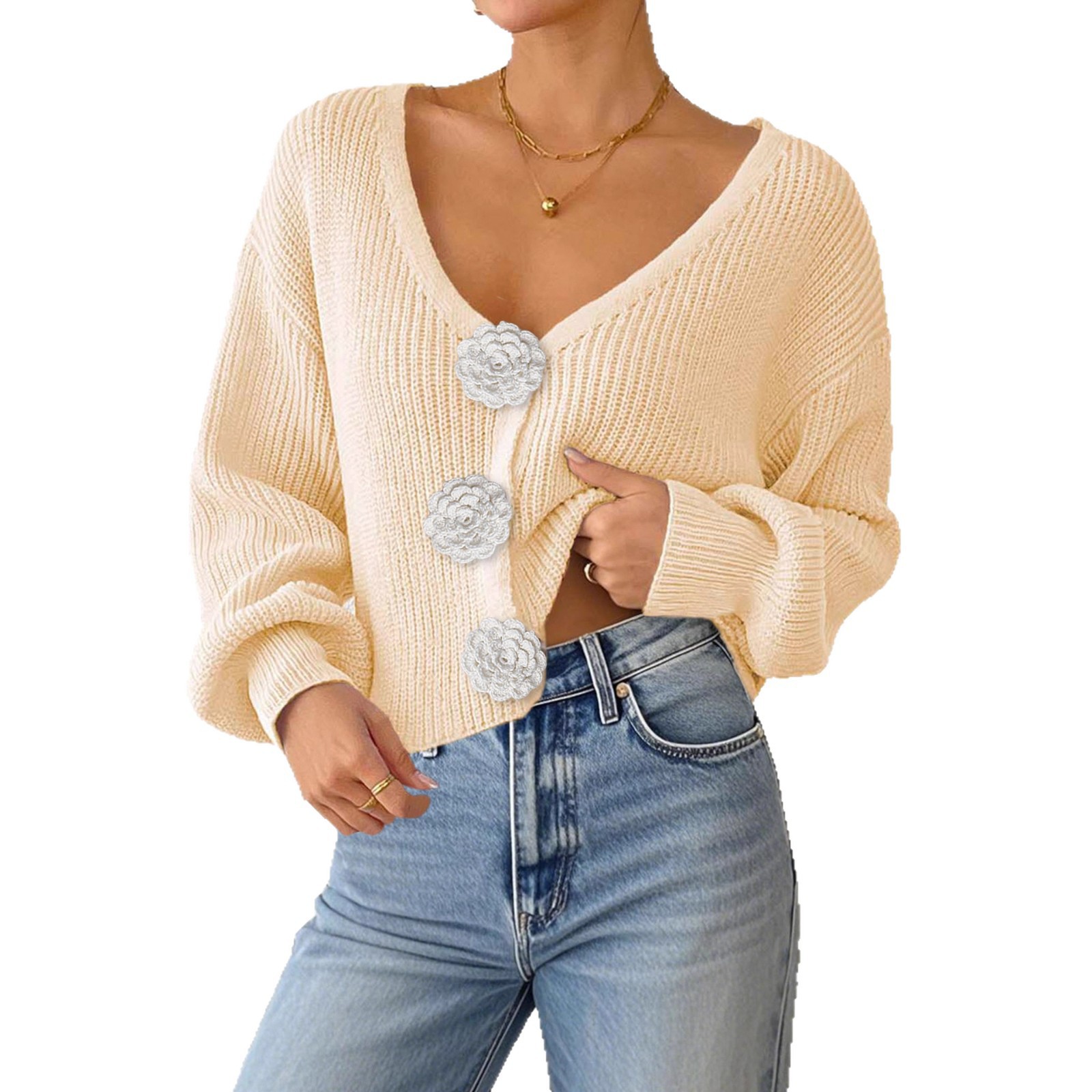 Women's Crochet Floral Button Cardigan Knit Top Short Jacket