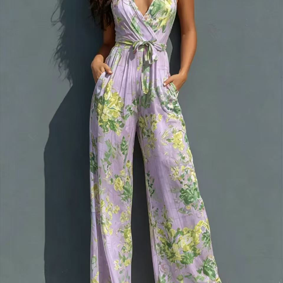 Women's Halter Deep V Printed Jumpsuit High Waist Tie Wide Leg