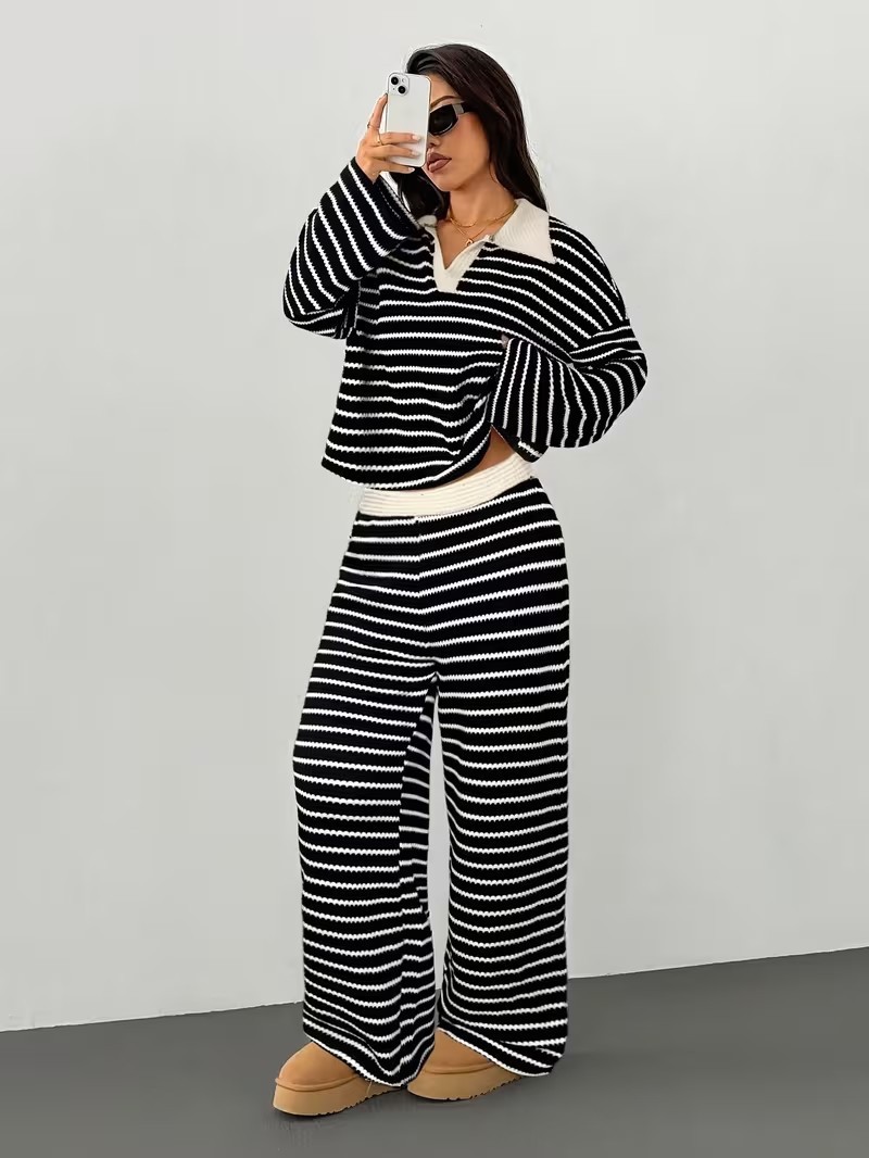 Striped Colorblock Two-Piece Set with Collared Top and Elastic Waist Pants