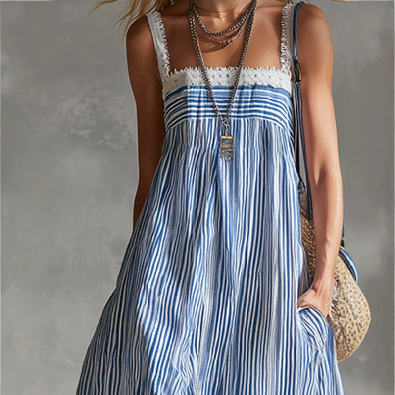 Elegant Blue Striped Square Neck Lace Trim Long Dress