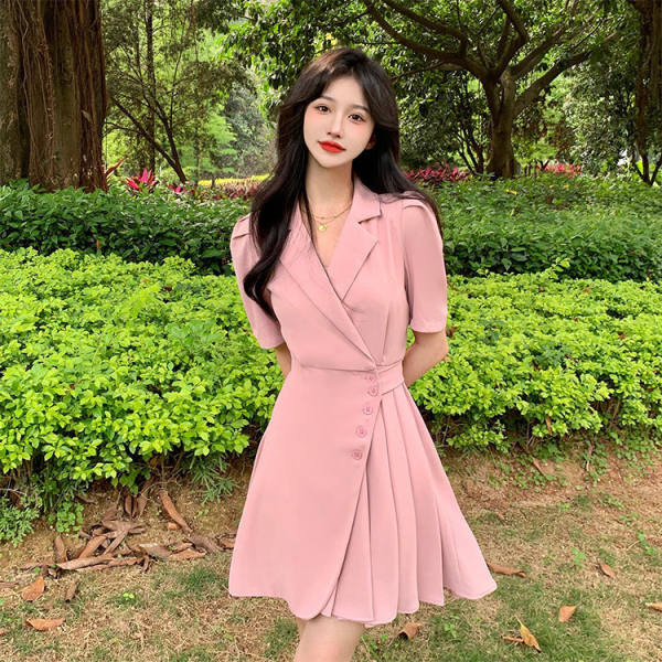 Asymmetric Blazer Dress with Pleated Bubble Sleeves and Waist-Cinching Fit